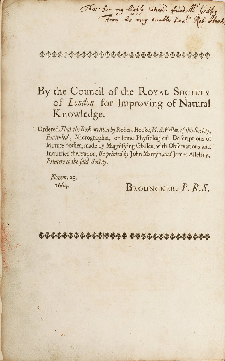 Page signée de "Micrographia : ou Quelques descriptions physiologiques de corps minuscules faites par des verres grossissants", 1665 - Robert Hooke