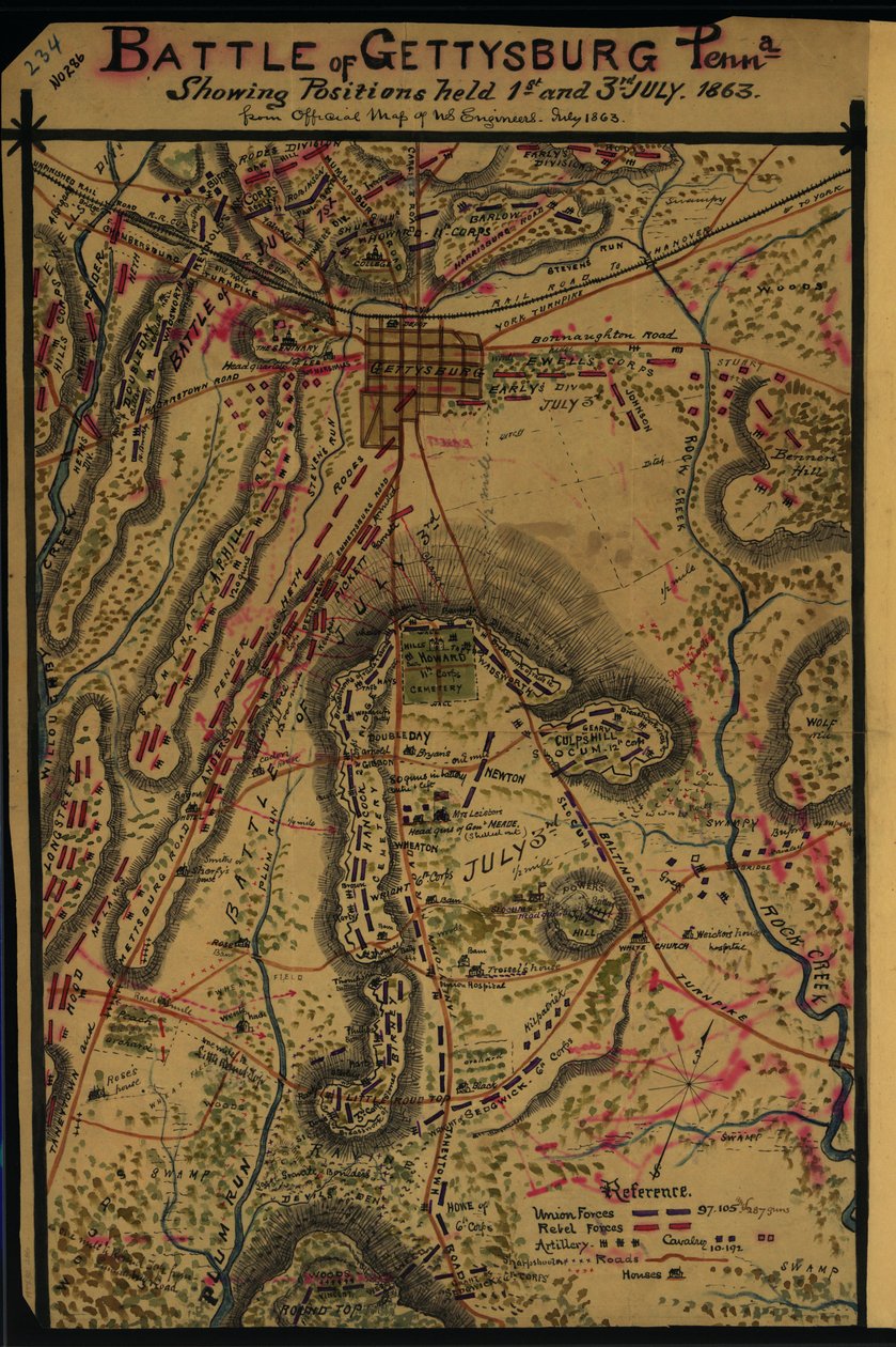 Bataille de Gettysburg, Penna. Montrant les positions tenues le 1er et le 3 juillet 1863. LOC gvhs01.vhs00265 - Robert Knox Sneden