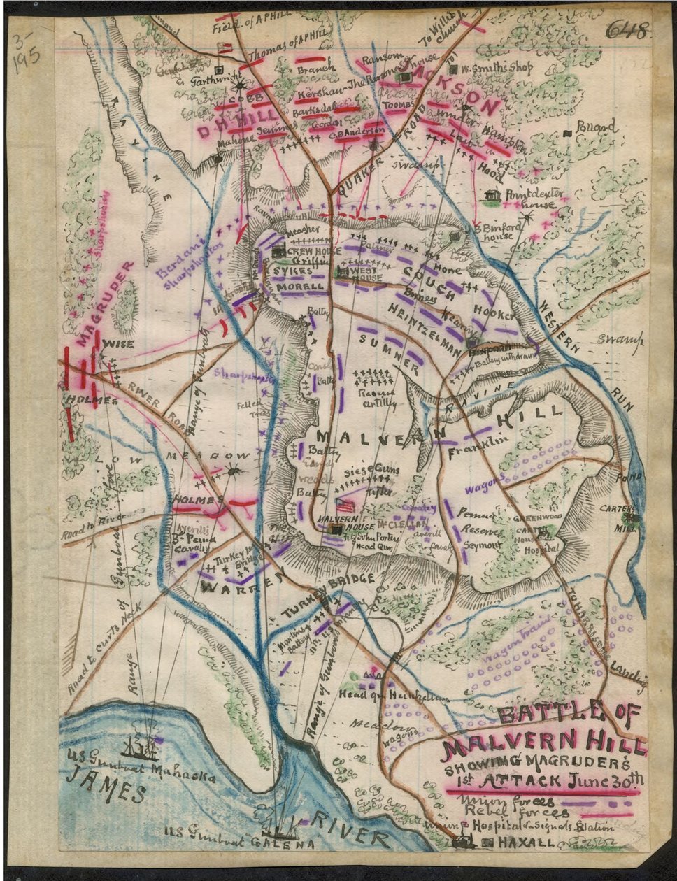 Bataille de la colline de Malvern montrant la 1ère attaque de Magruder le 30 juin LOC gvhs01.vhs00095 - Robert Knox Sneden