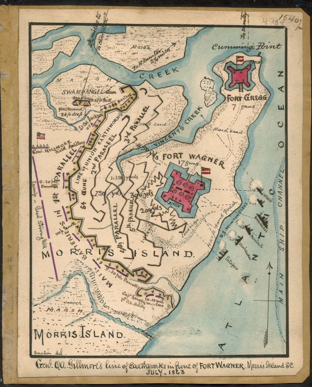 Ligne de remblais du général Q. A. Gillmore devant Fort Wagner, Morris Island, S.C., juillet 1863 LOC gvhs01.vhs00152 - Robert Knox Sneden