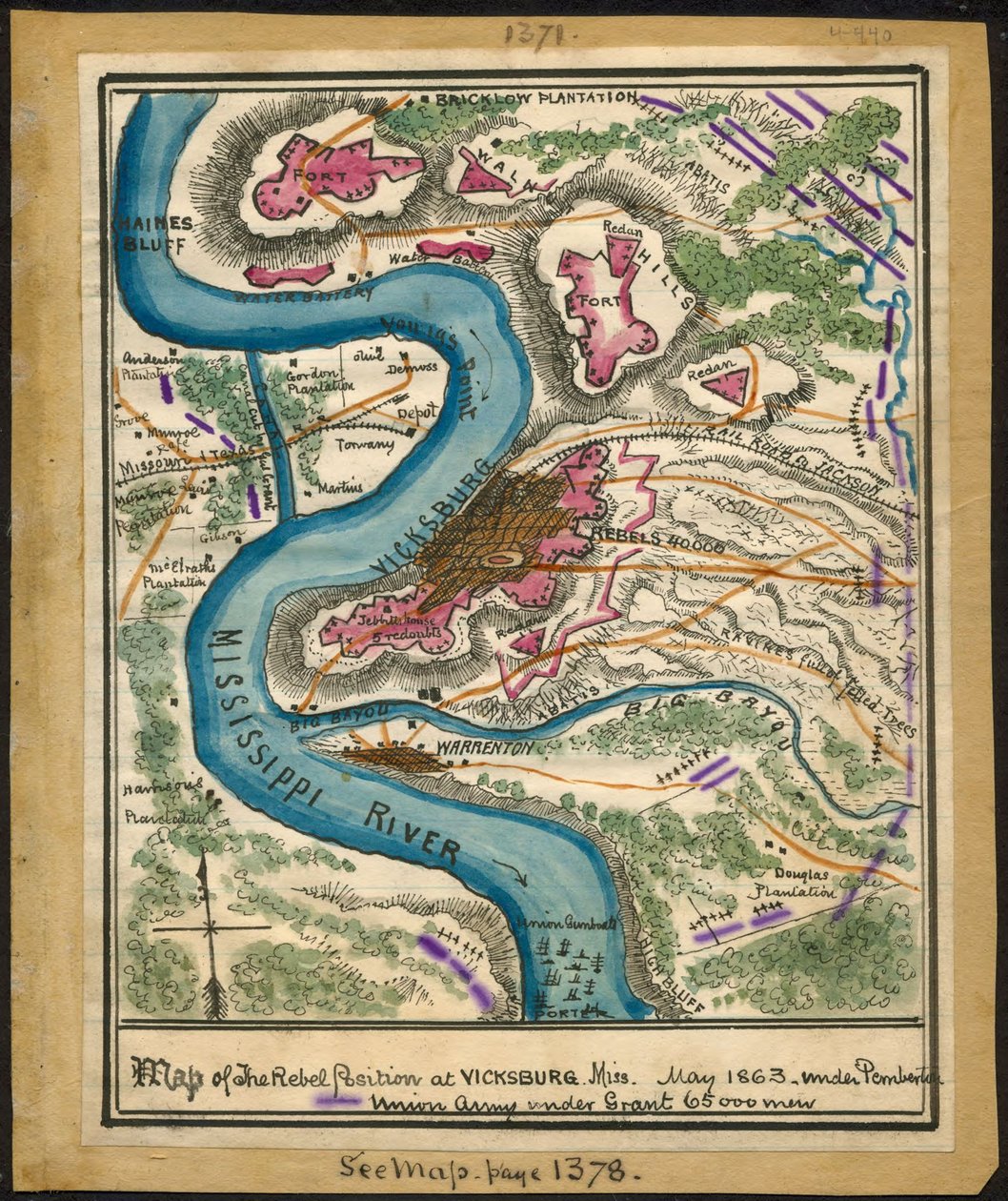 Carte de la position des rebelles à Vicksburg, Missouri, mai 1863. LOC gvhs01.vhs00140 - Robert Knox Sneden