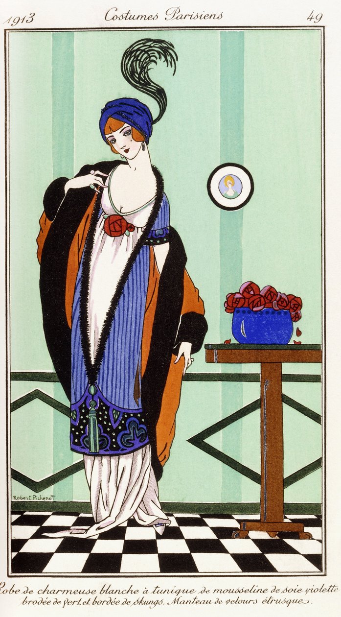 Vêtements parisiens : Robe en charmeuse blanche avec tunique en soie brodée violette - Robert Pichenot