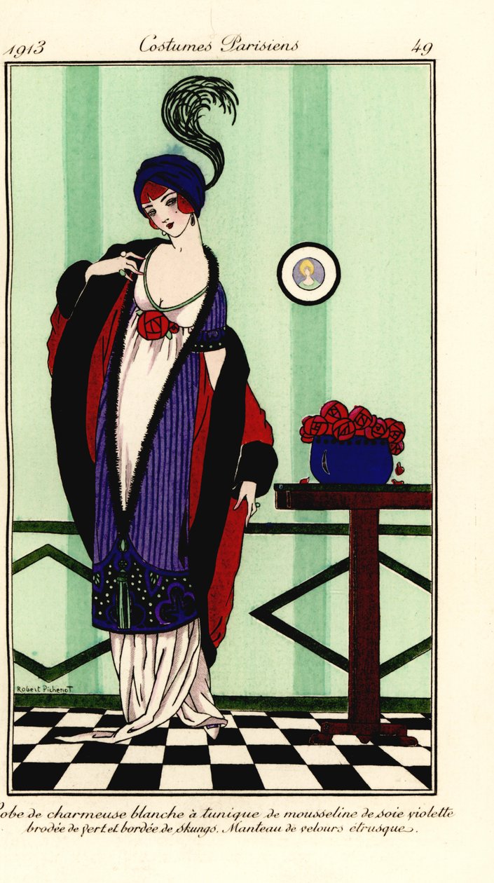 Femme en robe de satin charmeuse blanche avec tunique en mousseline de soie violette bordée de fourrure de putois, cape en velours étrusque - Robert Pichenot