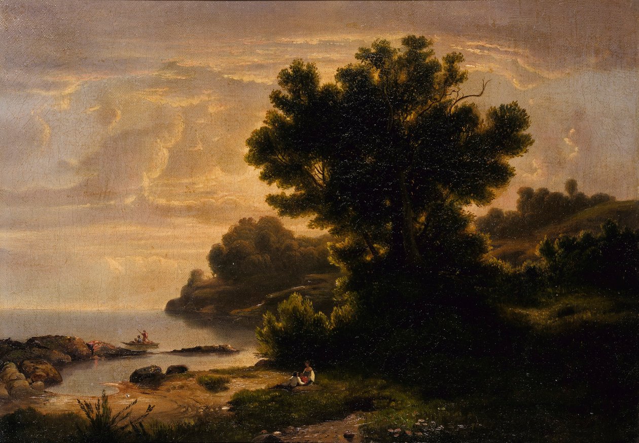 Paysage avec famille au bord d