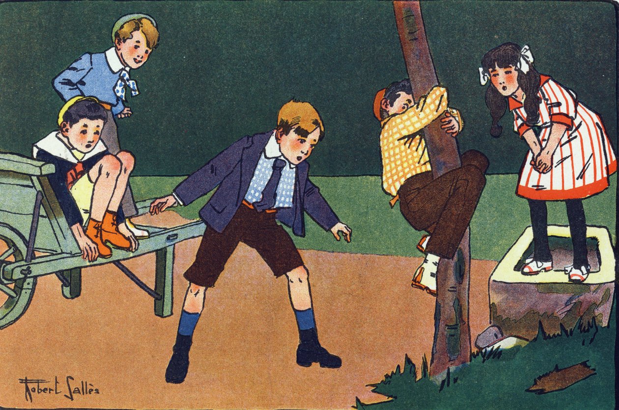 Un chat perché. Gravure dans « À quoi jouons-nous ? » par E. Weber avec des dessins aquarellés de Robert Salles (1871-1929). Librairie Garnier Frères, Paris - Robert Salles