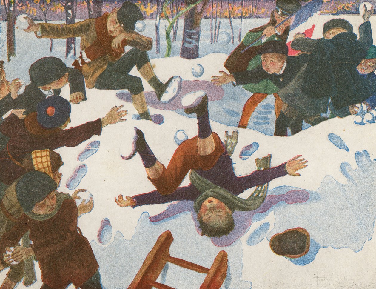 Bataille de boules de neige (lithographie couleur) - Robert Salles