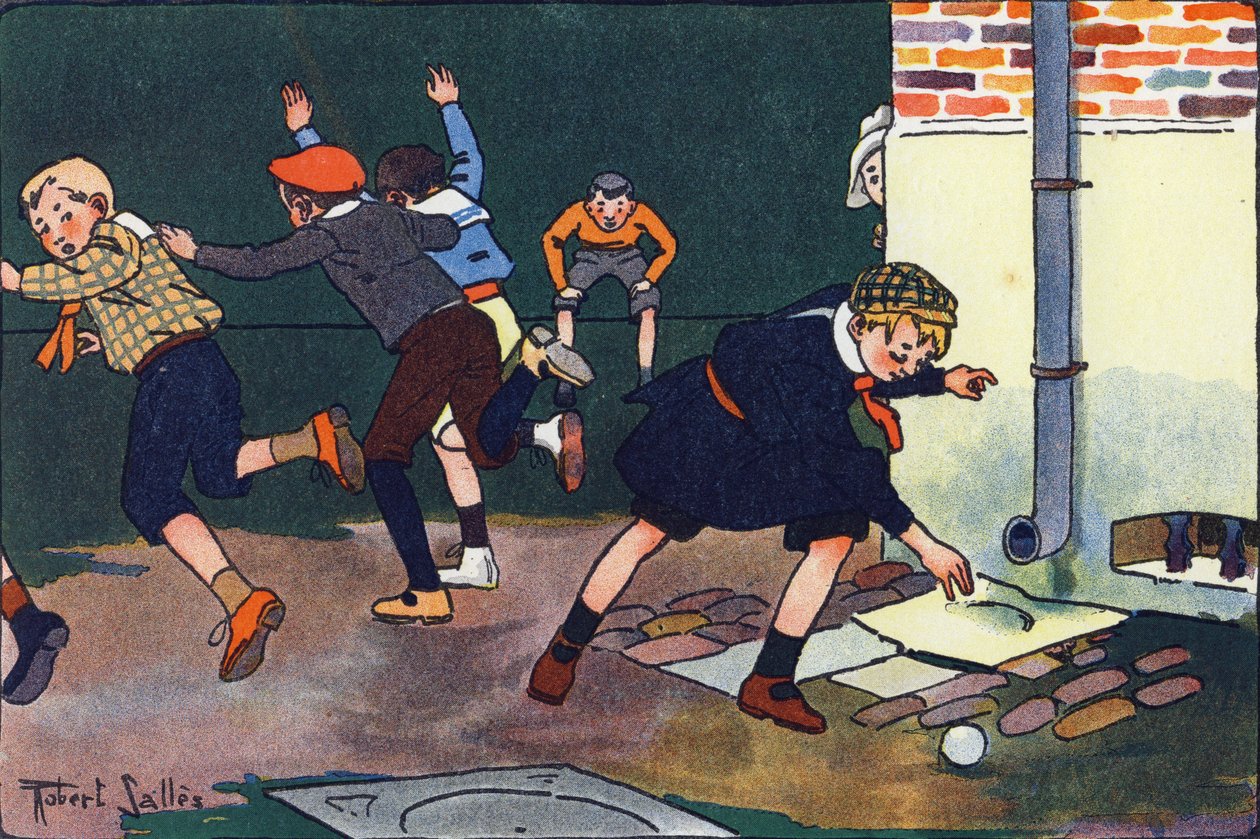 Balle au mur. Gravure dans "À quoi jouons-nous ?" par E. Weber avec des dessins aquarellés de Robert Salles (1871-1929). Librairie Garnier Frères, Paris - Robert Salles