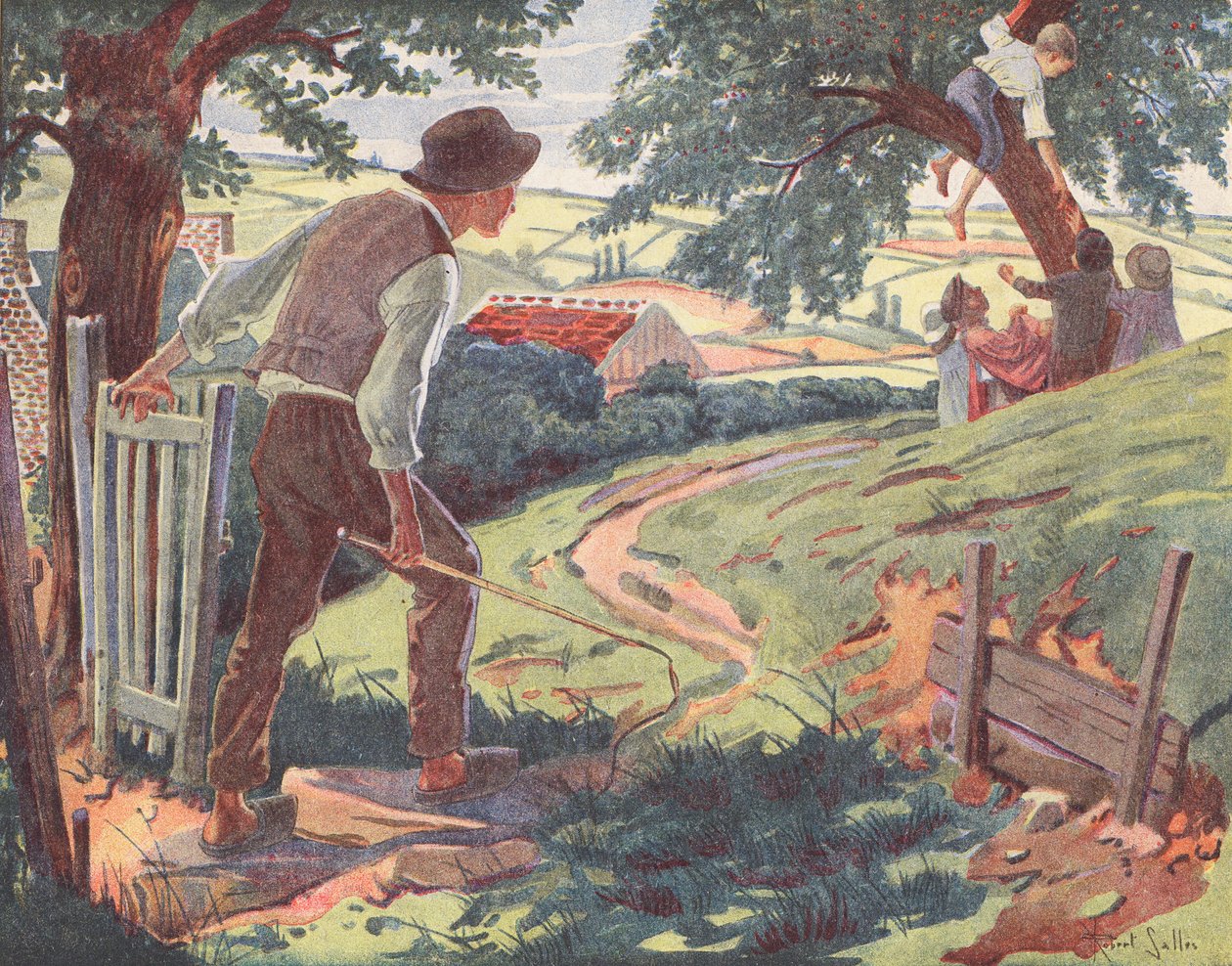 Enfants frottant des cerises (lithographie couleur) - Robert Salles