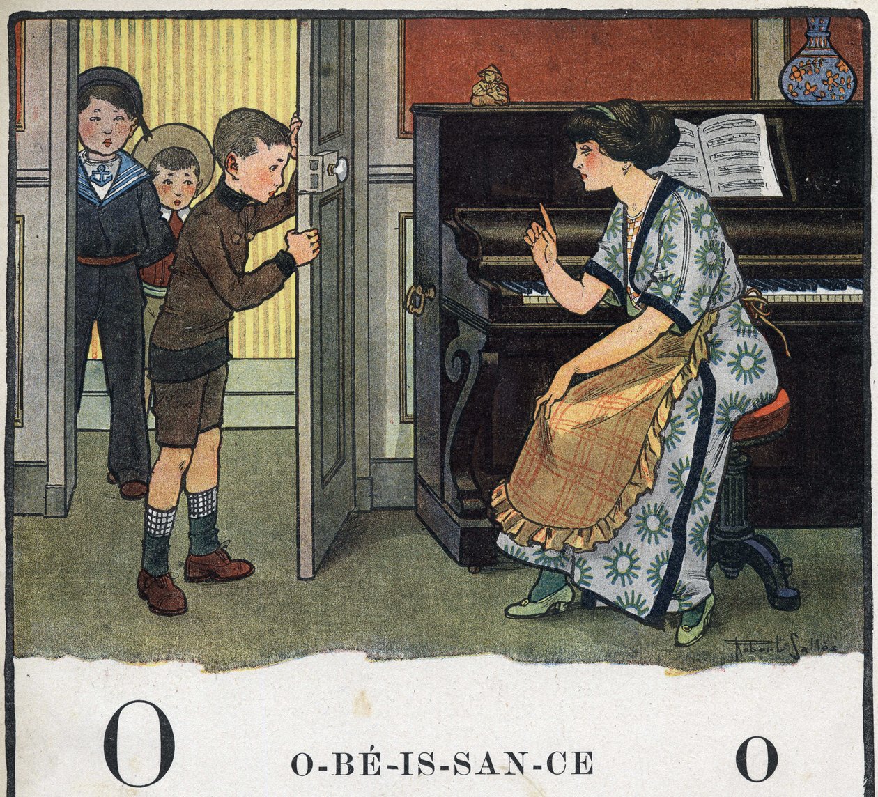 Livre pour enfants « Je lirai - Alphabet méthodique et amusant par un papa » 1926. Abécédaire : lettre O comme Obéissance. Une mère gronde ses garçons. - Robert Salles