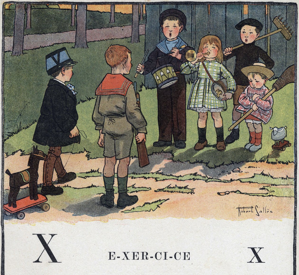 Livre pour enfants « Je lirai - Alphabet méthodique et amusant par un papa » 1926. Illustration de Robert Salles (1871-1929). Abécédaire : lettre X comme Exercice. Les enfants jouent aux militaires. - Robert Salles
