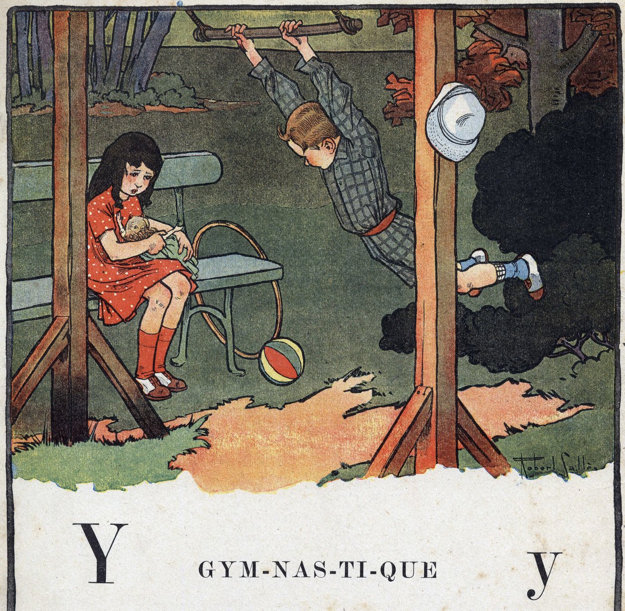 Livre pour enfants « Je lirai - Alphabet méthodique et amusant par un papa » 1926. Illustration de Robert Salles (1871-1929). Abécédaire : lettre Y comme Gymnastique. Un garçon fait du trapèze tandis qu