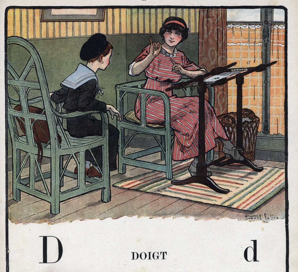Livre pour enfants « Je saurai lire - Alphabet méthodique et amusant par un papa » 1926. Illustration de Robert Salles (1871-1929). Abécédaire : lettre D comme doigt. Une mère explique à son fils la broderie - Robert Salles
