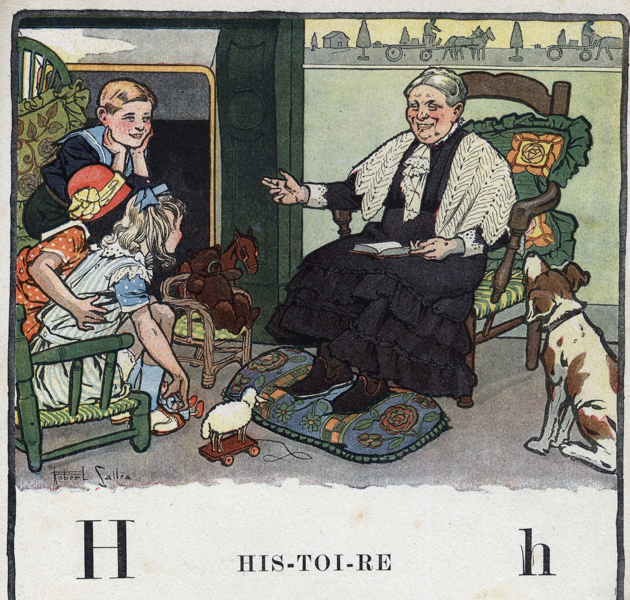 Livre pour enfants "Je lirai - Alphabet méthodique et amusant par un papa" 1926. Illustration par Robert Salles (1871-1929). Abécédaire : lettre H comme Histoire. Une grand-mère raconte des histoires à ses petits-enfants près de la cheminée - Robert Salles
