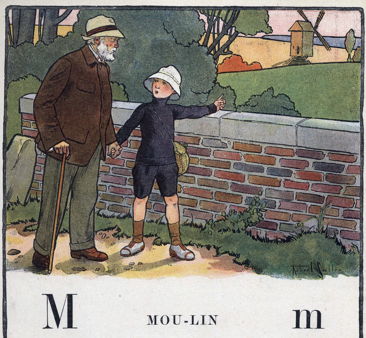 Livre pour enfants « Je lirai - Alphabet méthodique et amusant par un papa » 1926. Illustration de Robert Salles (1871-1929). Abécédaire : lettre M comme Moulin. Un garçon marche avec son grand-père. Il montre un moulin - Robert Salles