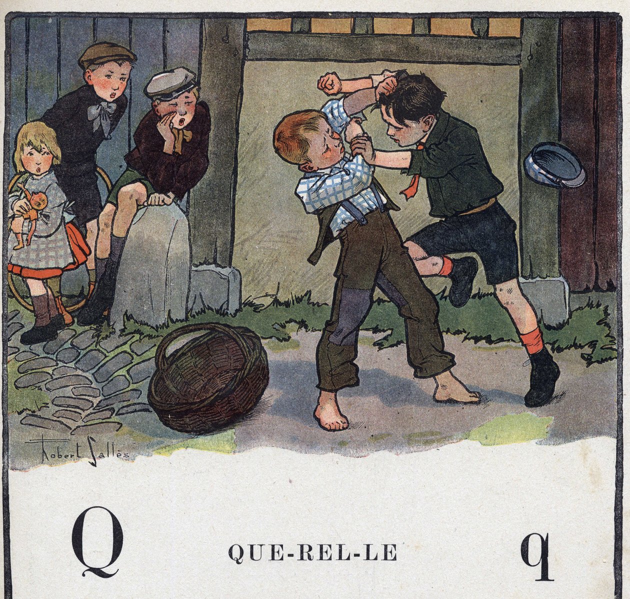Livre pour enfants « Je lirai - Alphabet méthodique et amusant par un papa » 1926. Illustration de Robert Salles (1871-1929). Abécédaire : lettre Q comme Querelle. Deux garçons se battent dans la cour - Robert Salles