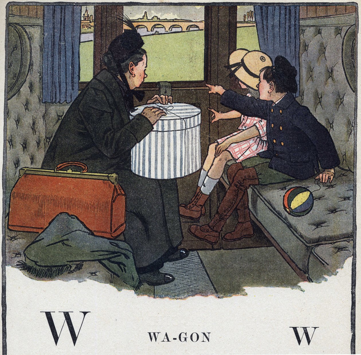 Livre pour enfants « Je lirai - Alphabet méthodique et amusant par un papa » 1926. Illustration de Robert Salles (1871-1929). Abécédaire : lettre W comme Wagon. Deux enfants avec leur mère voyagent dans un compartiment de train - Robert Salles