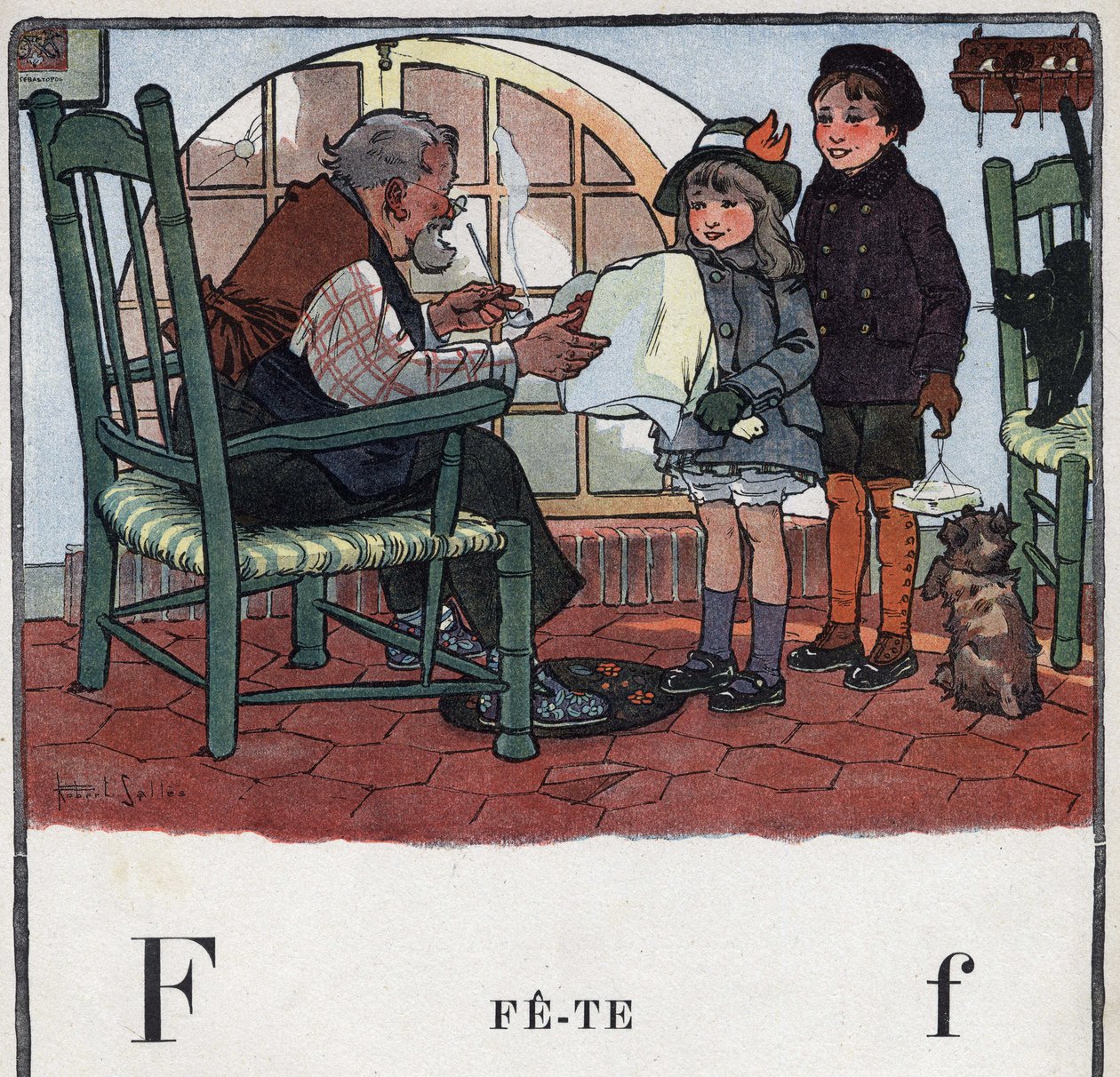 Livre pour enfants « Je lirai - Alphabet méthodique et amusant par un papa » 1926. Illustration de Robert Salles (1871-1929). Abécédaire : lettre F comme Fête. Une fille et un garçon offrent des cadeaux pour la fête de leur grand-père - Robert Salles
