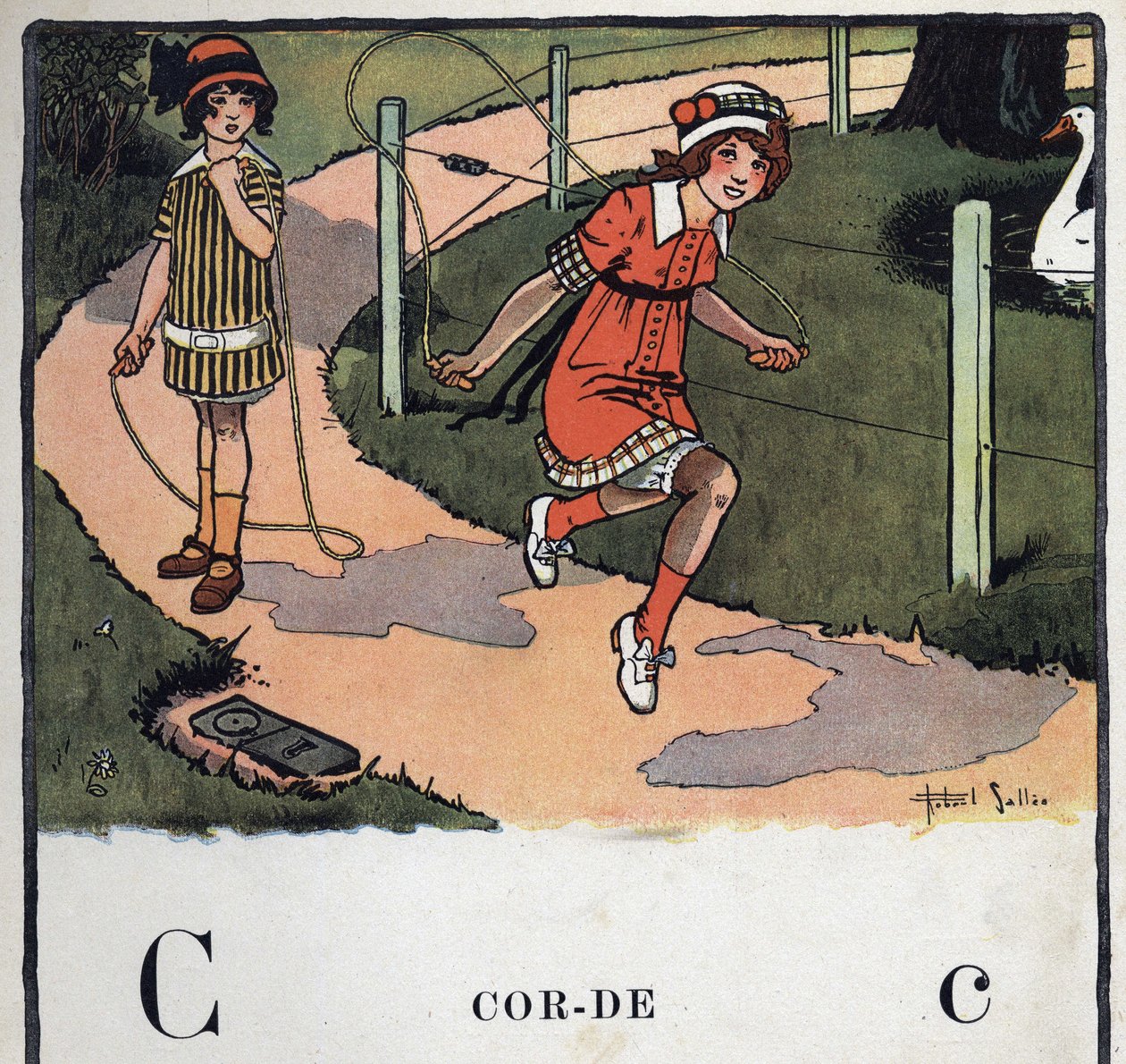 Livre pour enfants « Je lirai - Alphabet méthodique et amusant par un papa » 1926. Illustration de Robert Salles (1871-1929). Abécédaire : lettre C comme Corde. Deux filles jouent à la corde à sauter - Robert Salles