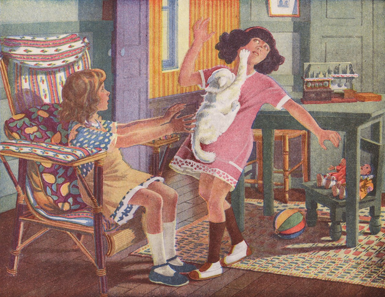 Fillette attaquée par le chat de son amie (lithographie couleur) - Robert Salles