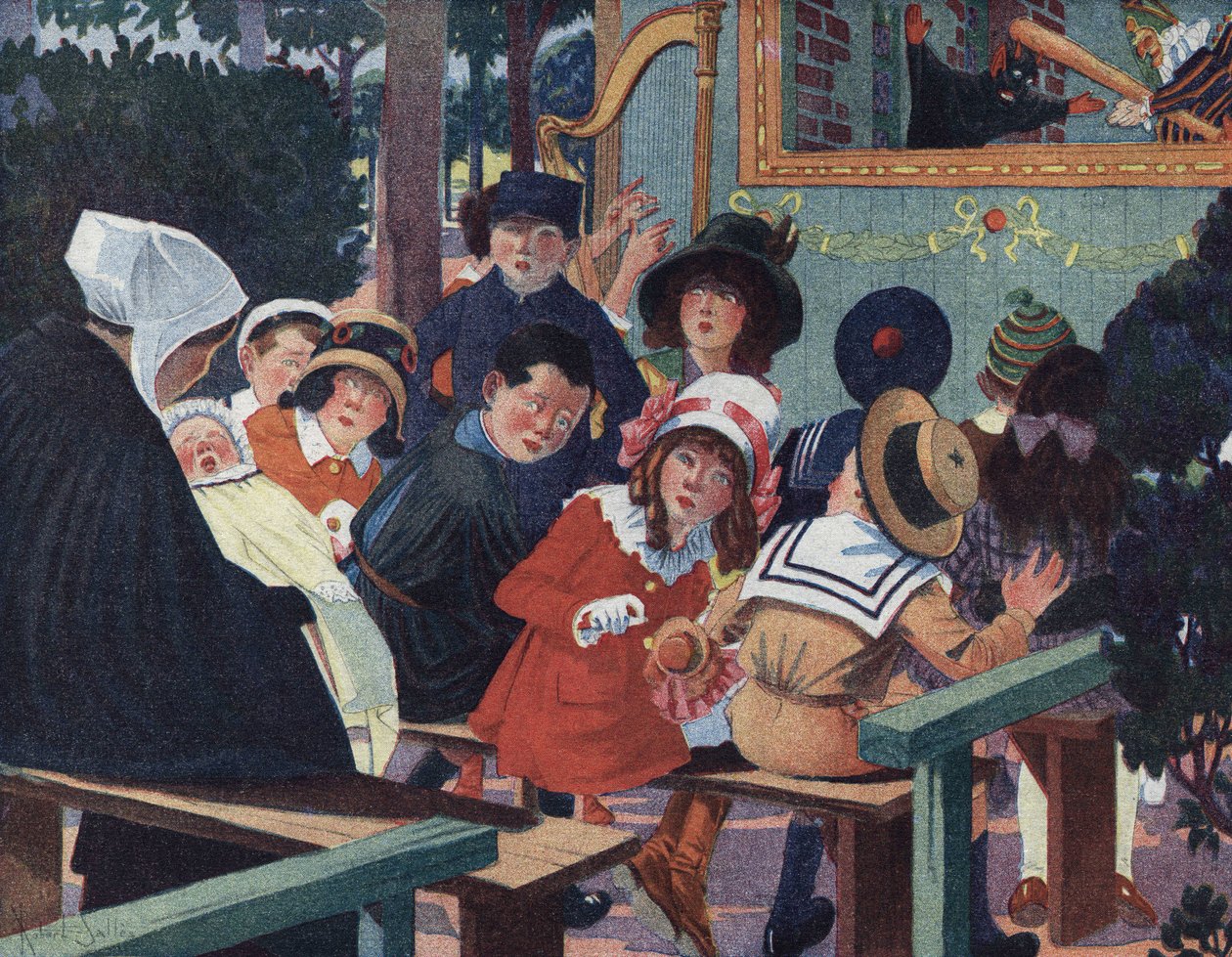 Spectacle de marionnettes : Les enfants dans le théâtre de guignol sont dérangés par un bébé qui pleure. Illustration de Robert Salles dans « Je sais Lire ». - Robert Salles