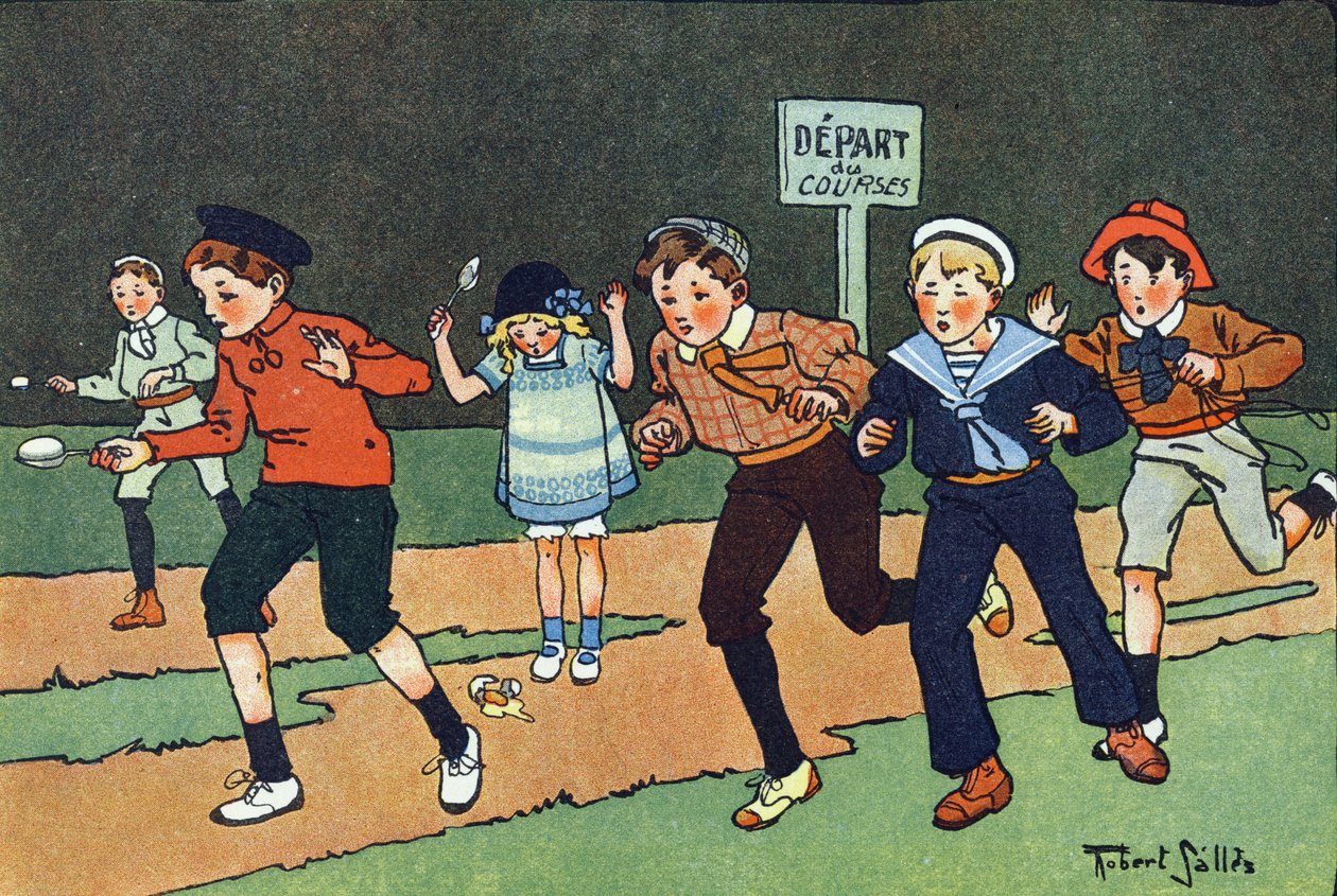 La course aux œufs. Gravure dans « À quoi jouons-nous ? » par E. Weber avec des dessins aquarellés de Robert Salles (1871-1929). Librairie Garnier Frères, Paris - Robert Salles