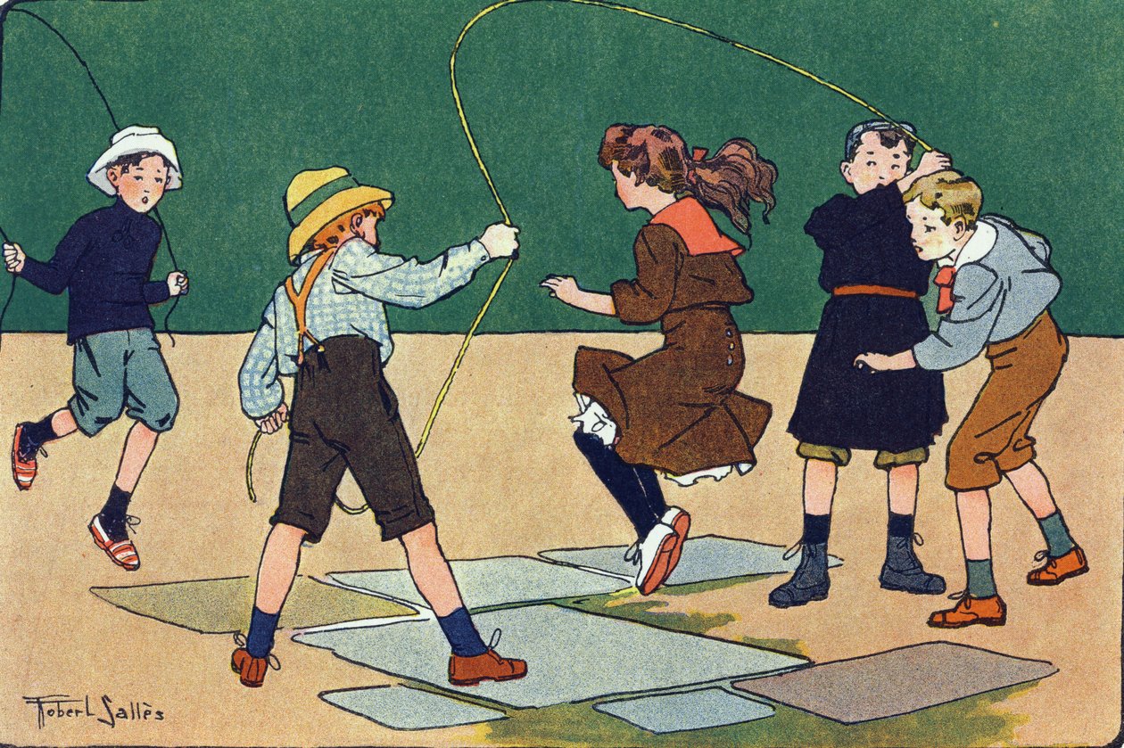 Le saut à la corde. Gravure dans « À quoi jouons-nous ? » par E. Weber avec des dessins aquarellés de Robert Salles (1871-1929). Librairie Garnier Frères, Paris - Robert Salles