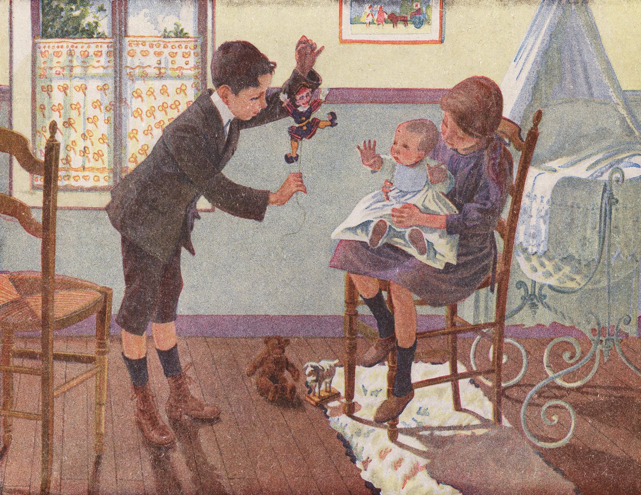 Deux enfants jouant avec leur petit frère nouvellement arrivé (lithographie couleur) - Robert Salles