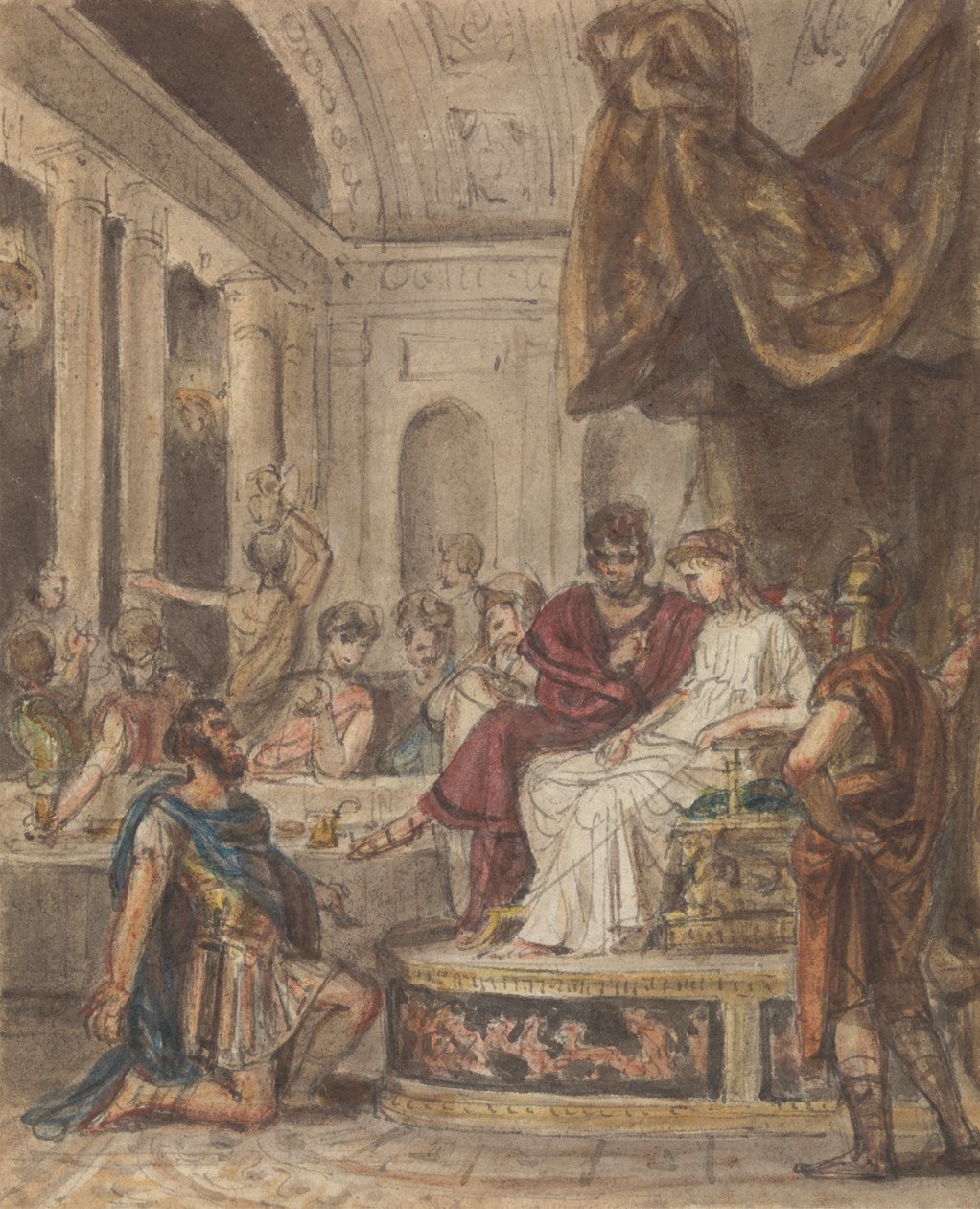 Scène de banquet, avec un soldat romain agenouillé devant une figure féminine assise sur un trône - Robert Smirke