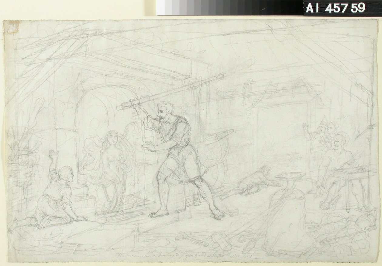 Orfèvrerie, esquisse pour une série de dessins animés sur le thème du Kalevala ; Répétition du personnage Ilmarinen sur la poule de face (travail recto-verso) - Robert Wilhelm Ekman