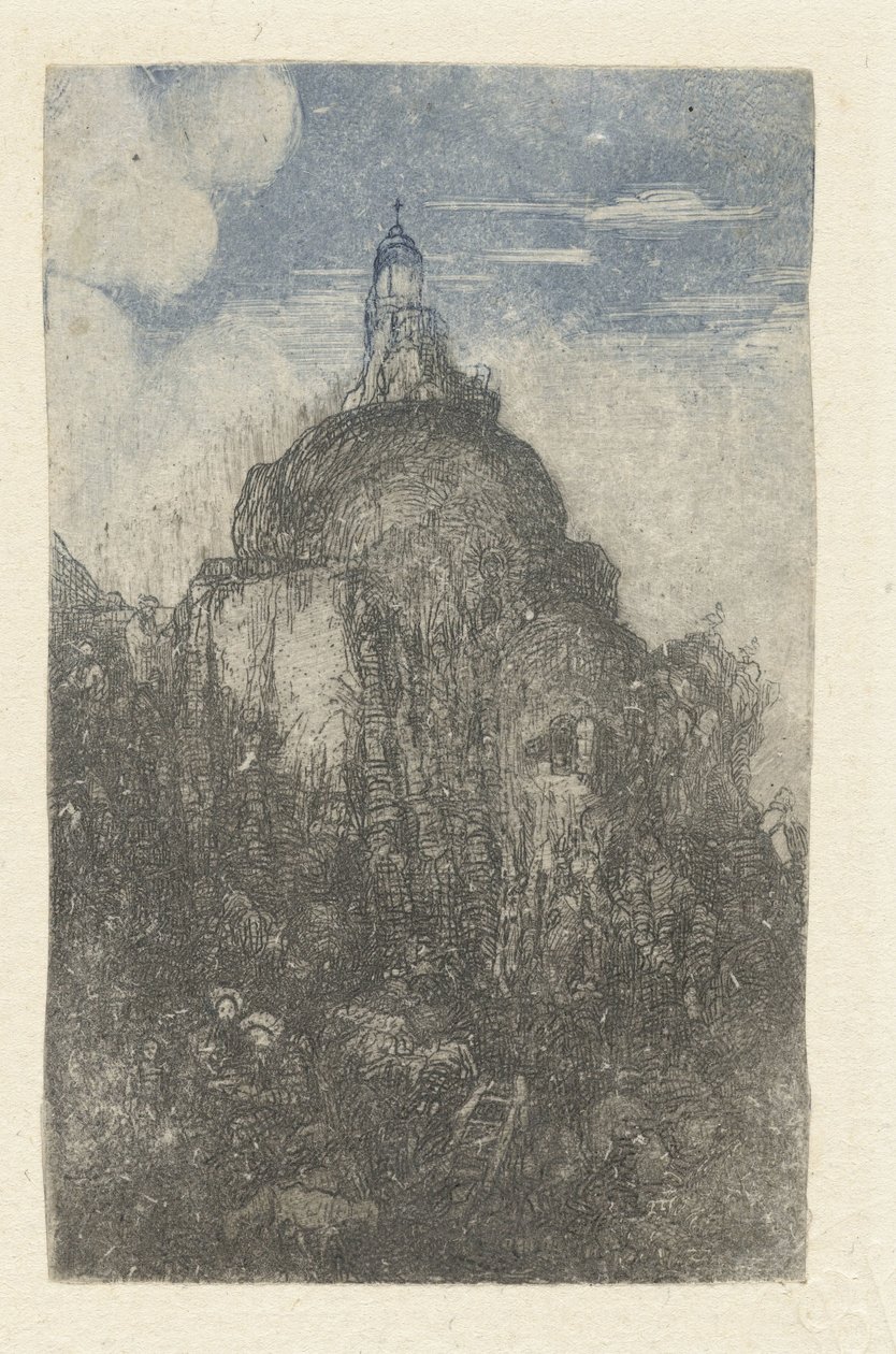Bâtiment sur un rocher et bergers se reposant avec des moutons au pied du rocher (Le Phare, Chapelle alpestre) - Rodolphe Bresdin