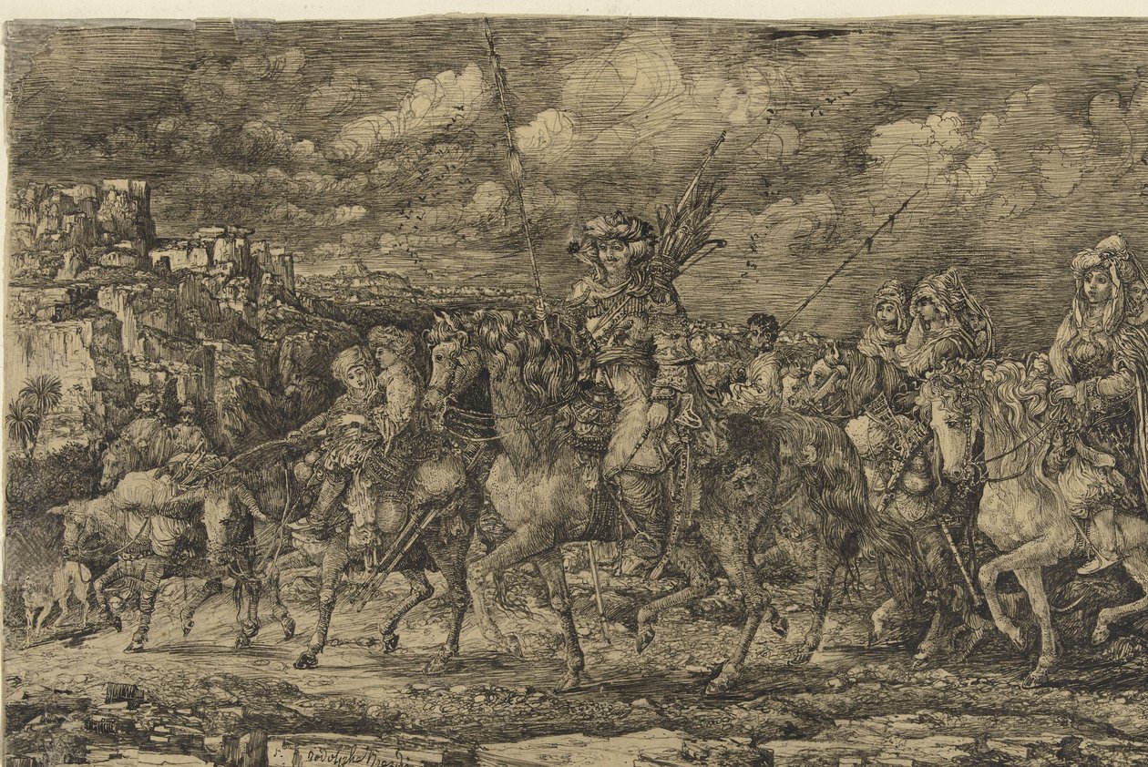 Roi des Huns avec ses femmes entouré de serviteurs et de bétail, traversant un paysage - Rodolphe Bresdin