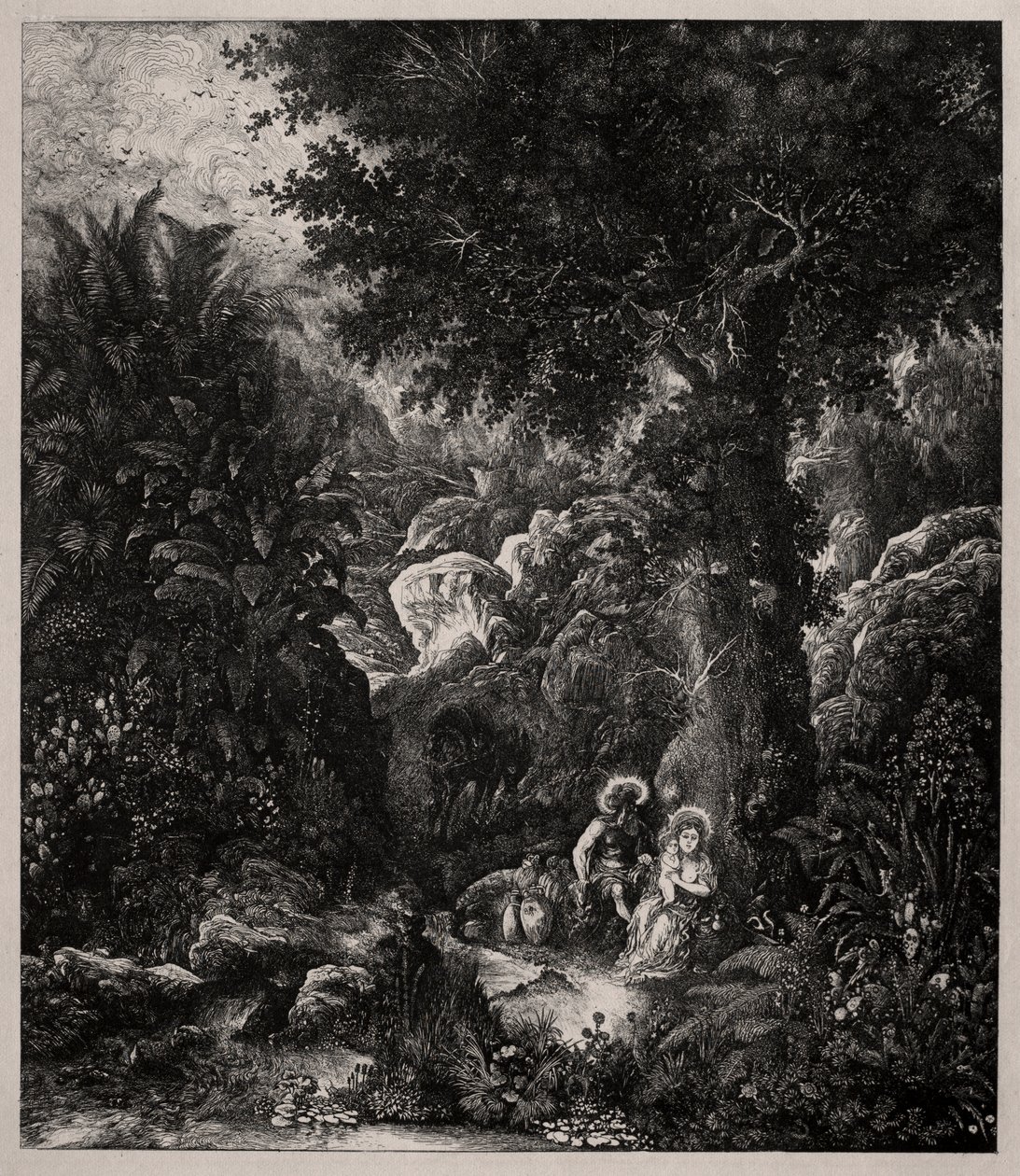Repos pendant la fuite en Égypte avec un âne sellé - Rodolphe Bresdin