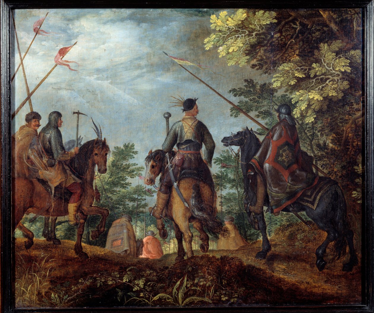 Cavaliers polonais marchant dans un bois. Peinture par Roelant Savery - Roelandt Jacobsz. Savery