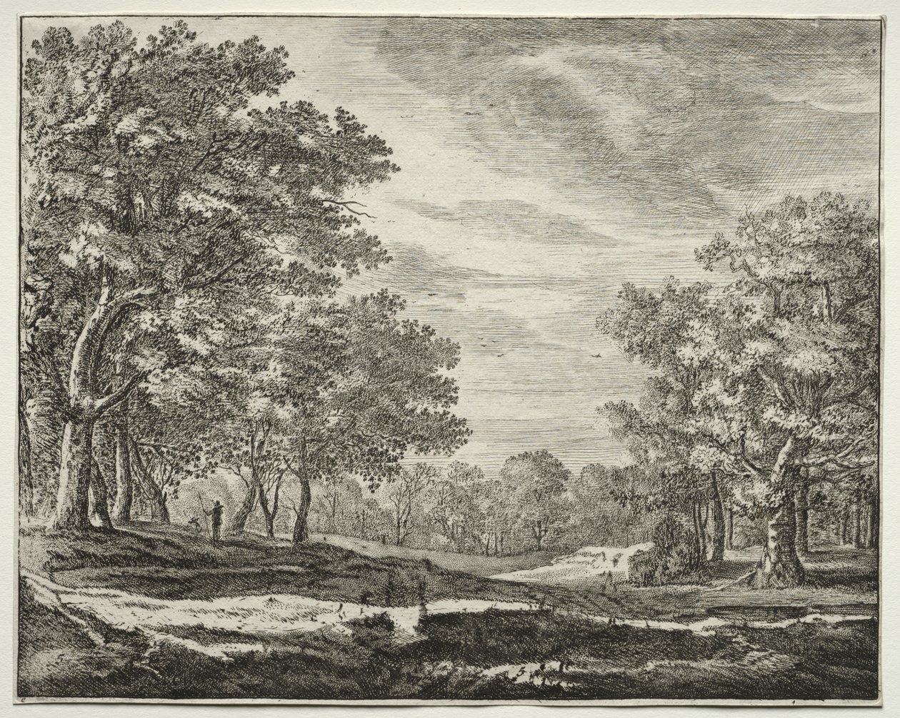 Six vues dans le bois de La Haye : Planche 5, Un homme avec un bâton à la main - Roelant Roghman