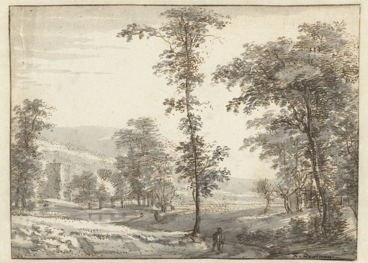 Paysage boisé avec un voyageur sur un chemin - Roelant Roghman