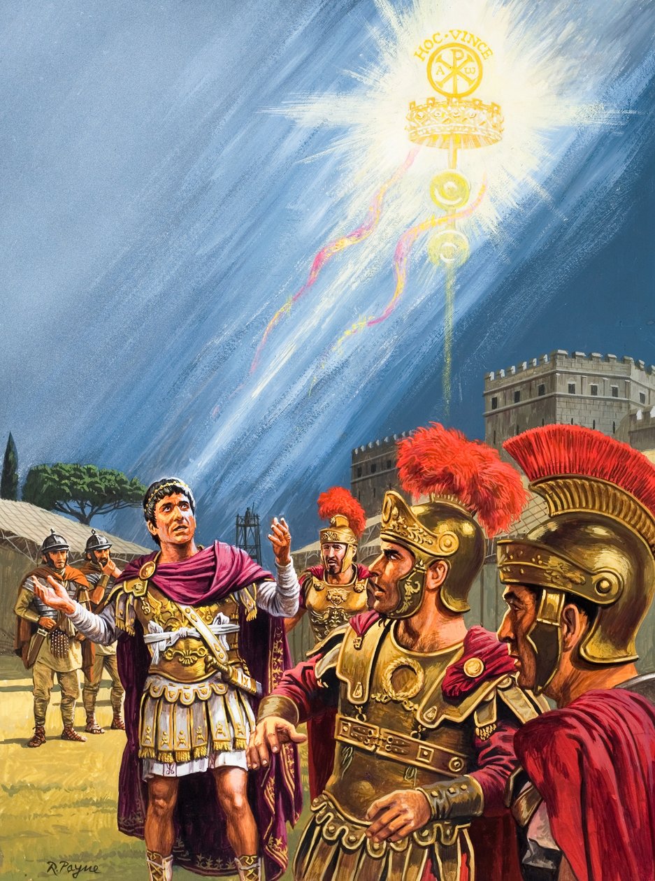 Vision de la croix chrétienne par Constantin avant la bataille du pont Milvius (gouache sur papier) - Roger Payne