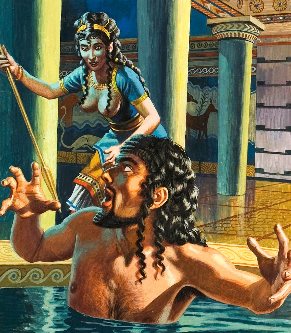 Le meurtre du roi Agamemnon par son épouse infidèle, Clytemnestre (gouache sur papier) - Roger Payne