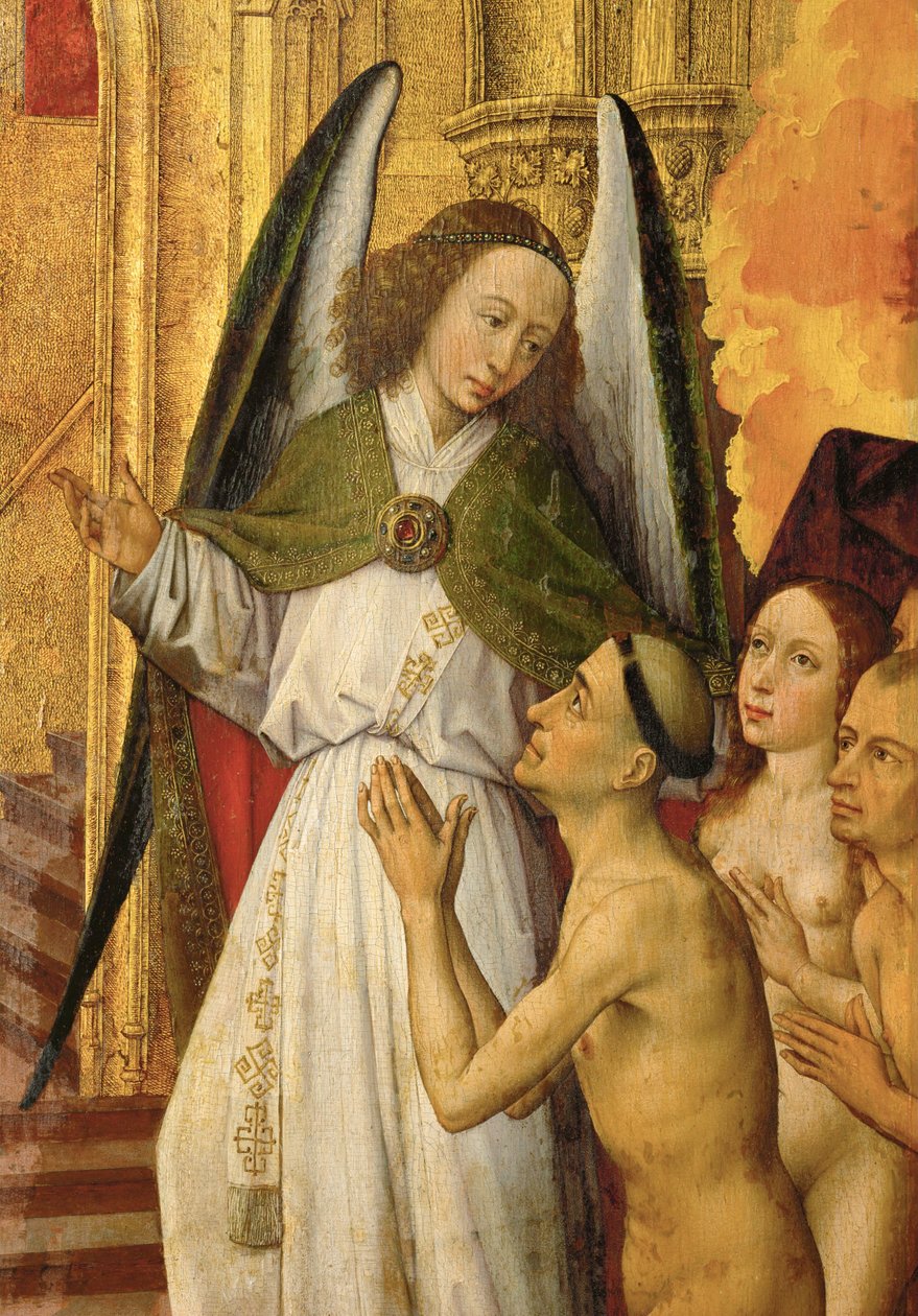 Autel du Jugement dernier : détail : Un ange conduisant les Justes au paradis, une cathédrale dorée - Rogier van der Weyden