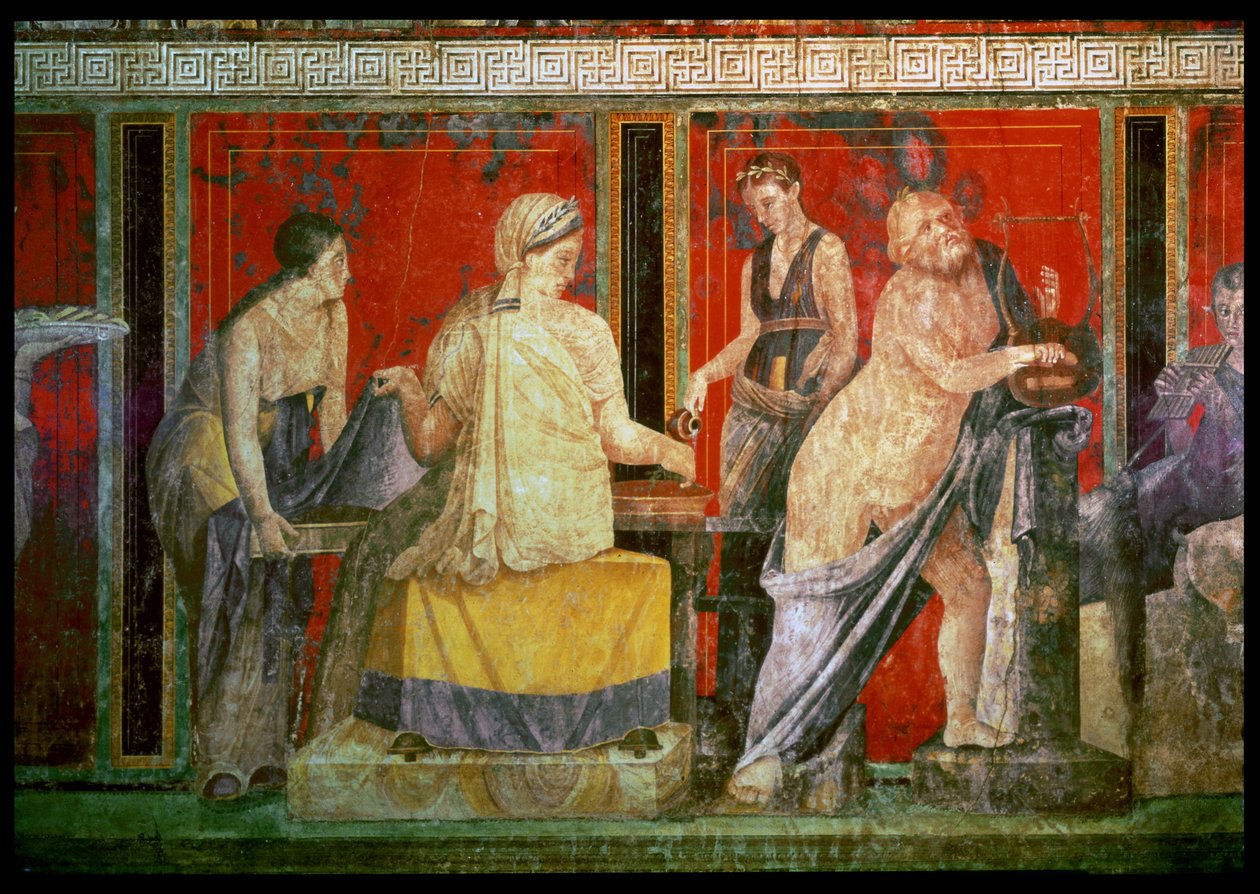 Ministrant portant un plateau de nourriture avec Silène jouant de la lyre et un jeune satyre jouant du syrinx, mur nord, Oecus 5, 60-50 av. J.-C. - Roman