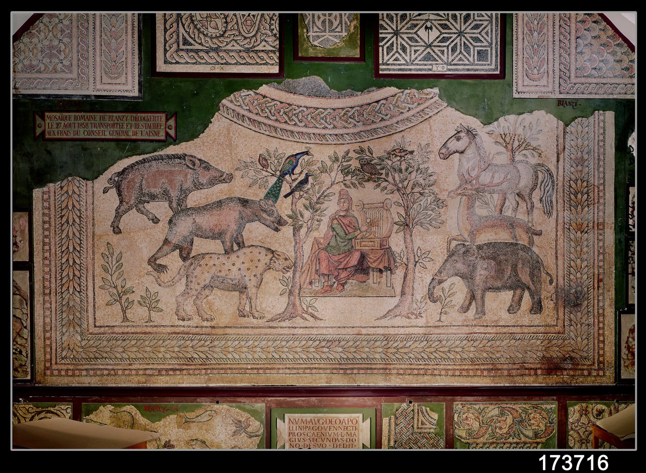 Orphée charmant les animaux, du site de Blanzy (mosaïque) - Roman