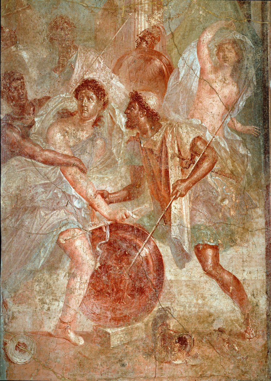 Achille, déguisé en femme, est reconnu par Ulysse parmi les filles de Lycomède à Scyros. Fresque de Pompéi. Ier siècle ap. J.-C. Dim. 145,5x137,5 cm Naples, musée archéologique national - Roman