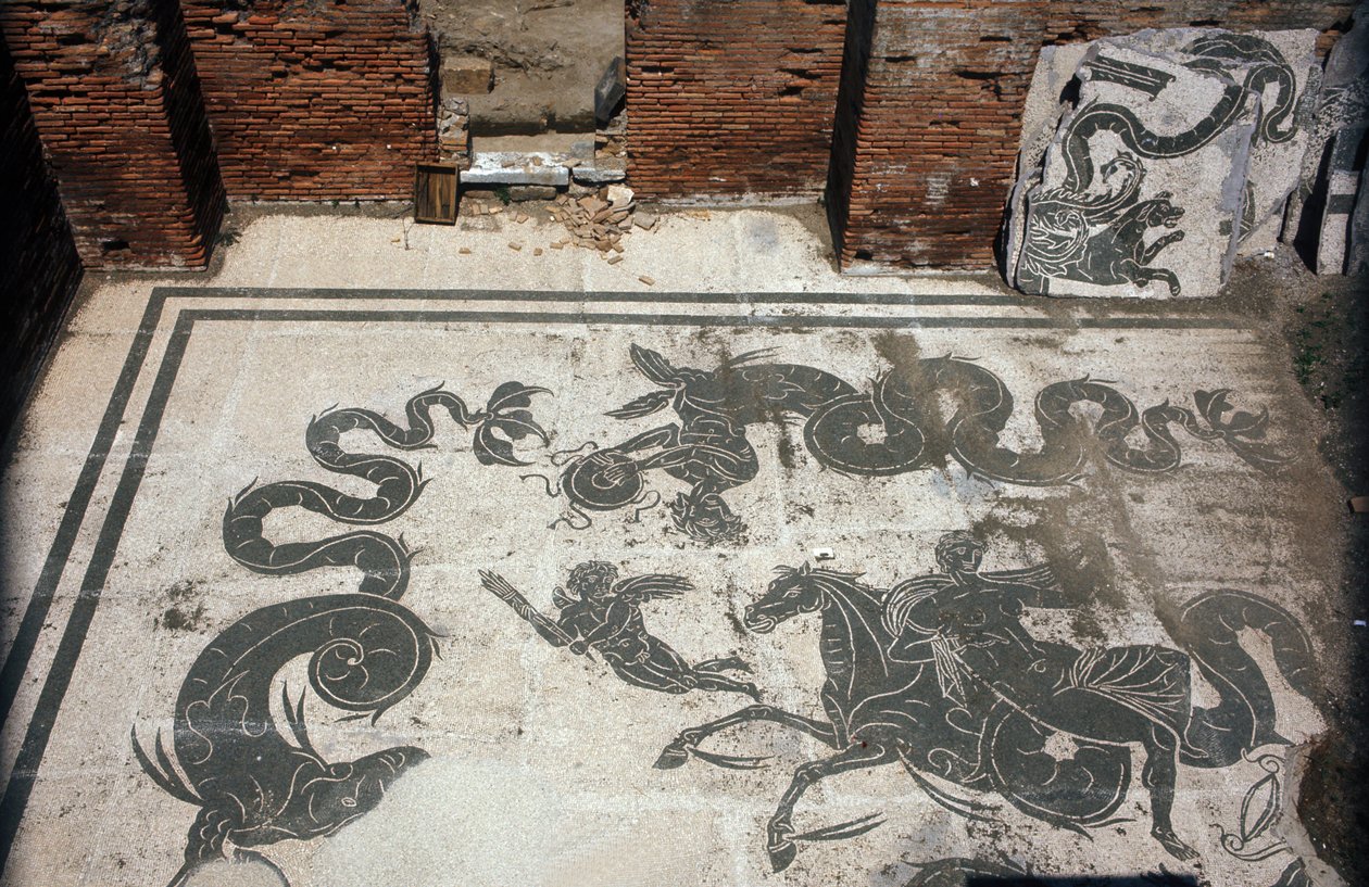 Ostie antique (Ostia). Place des Corporations. Mosaïque de la Corporation des marins de Sabratha. Thermes de Neptune - Roman