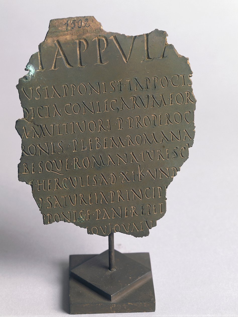 Lex Tappula, fragment de loi satirique rédigée par un cercle convivial de Vercelli, parodie écrite sous la même forme que les plébiscites romains, faisant partie des leges conviviales transmises par Festo, bronze, civilisation romaine - Roman