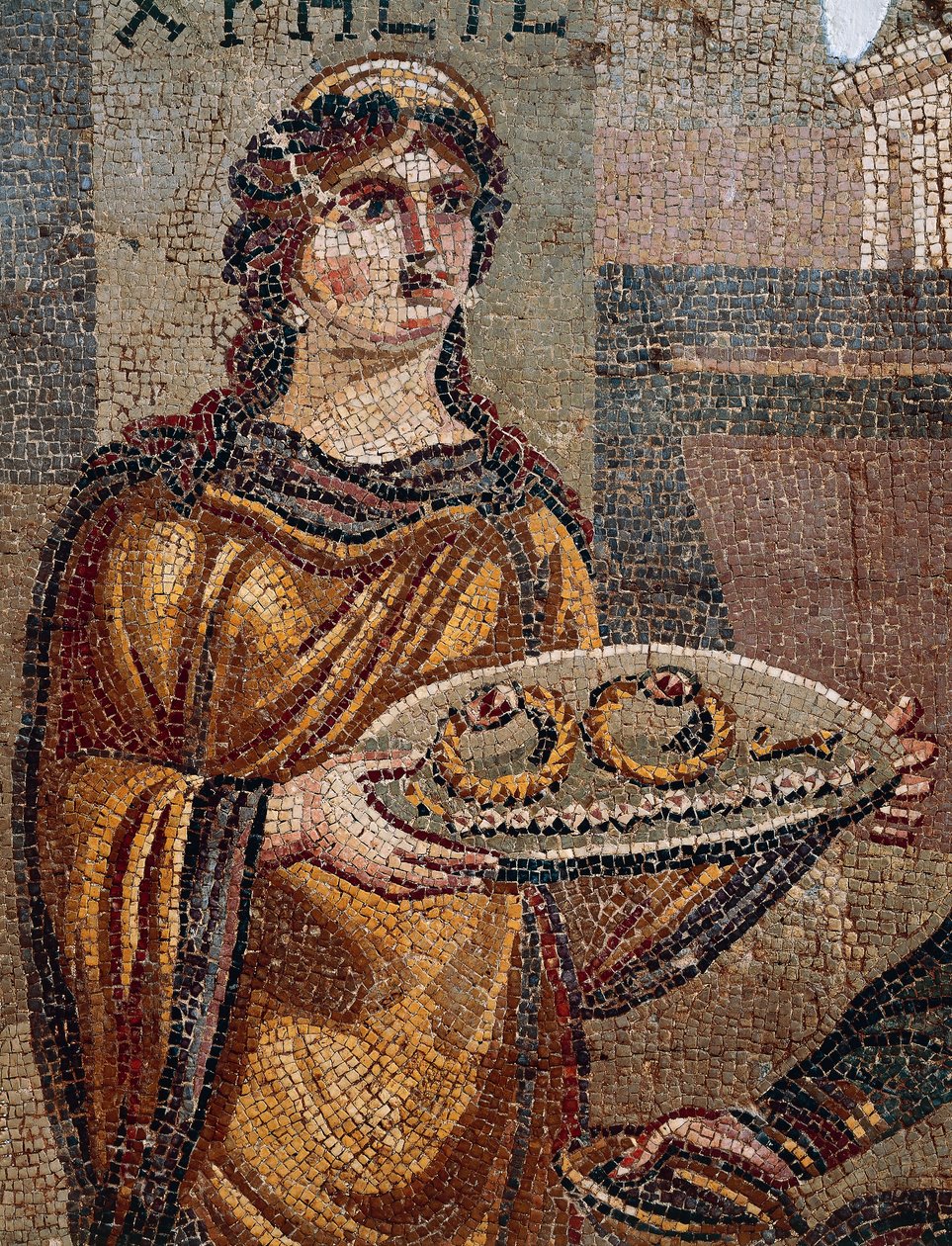 Prisonnière Chresis remettant les clés de sa rançon à son ravisseur Agamemnon, détail de la mosaïque de Chresis découverte à Daphné, Antioche, Turquie - Roman