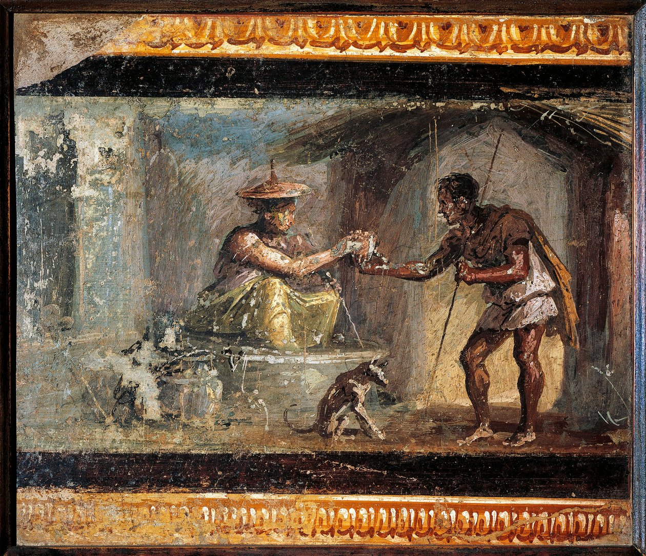 Art romain : « Le voyageur et le magicien » Fresque romaine de la villa dei Dioscuri à Pompéi. 1er siècle après J.-C. Conservée au Musée archéologique national de Naples. - Roman