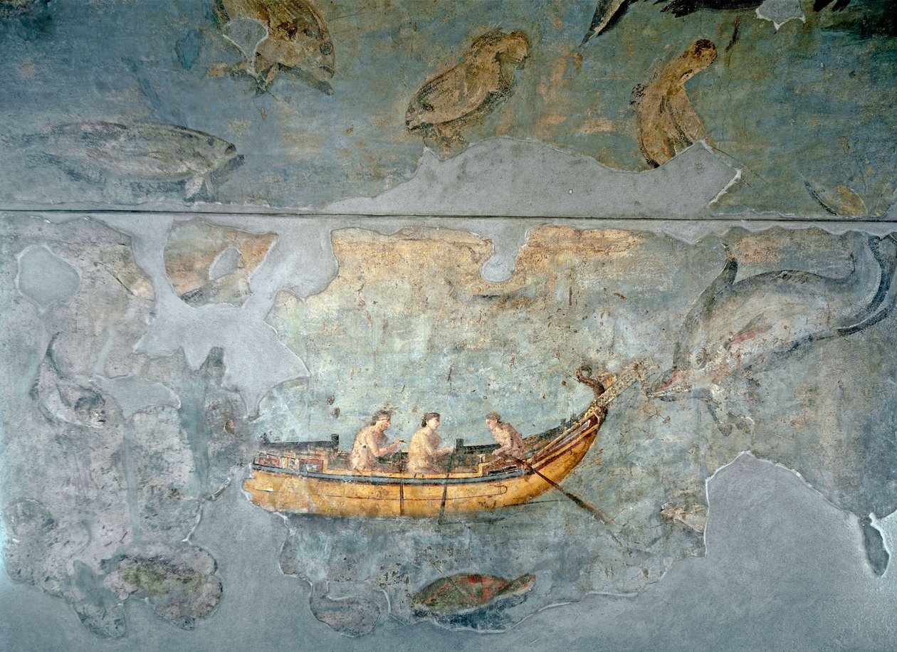 Art romain : pêcheurs sur un bateau Fresque d