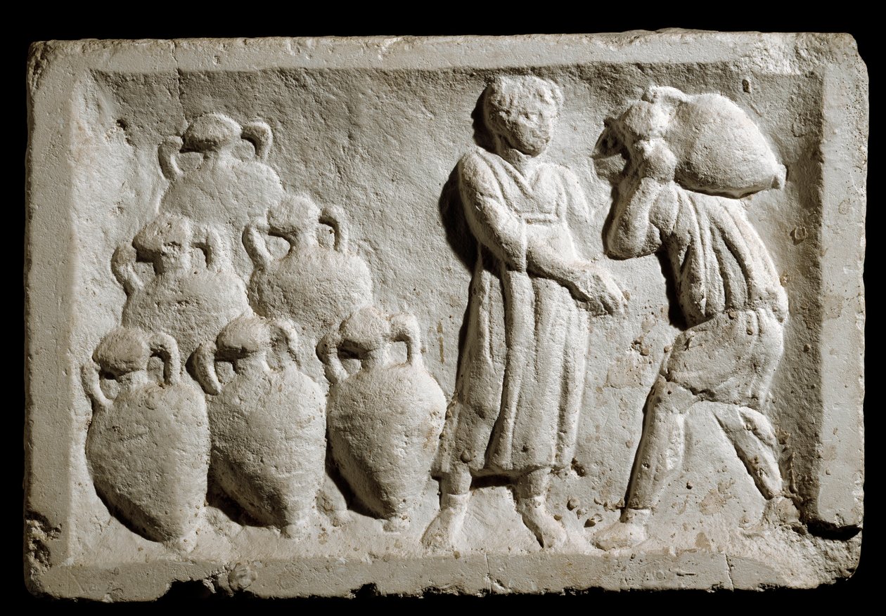 Art romain : « chargement et arrimage des amphores à vin ». Bas-relief. 2ème siècle après J.-C. Rome, Musée de la civilisation romaine - Roman