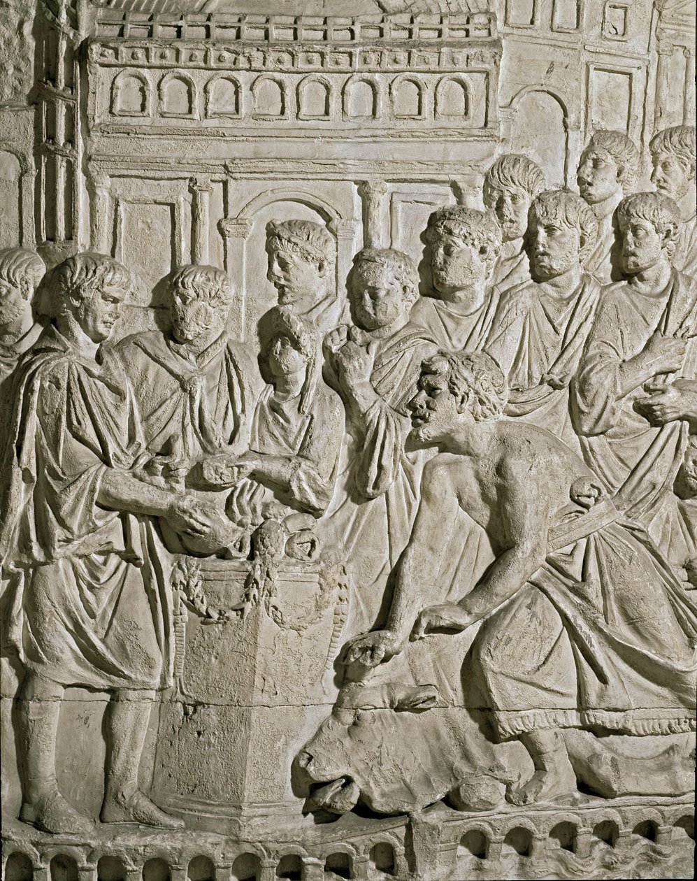 Art romain : bas-relief représentant des citoyens sarmates rendant hommage aux Romains. Des bas-reliefs de la colonne de Marc-Aurèle. IIe siècle ap. J.-C. Rome, Museo della Civiltà Romana - Roman