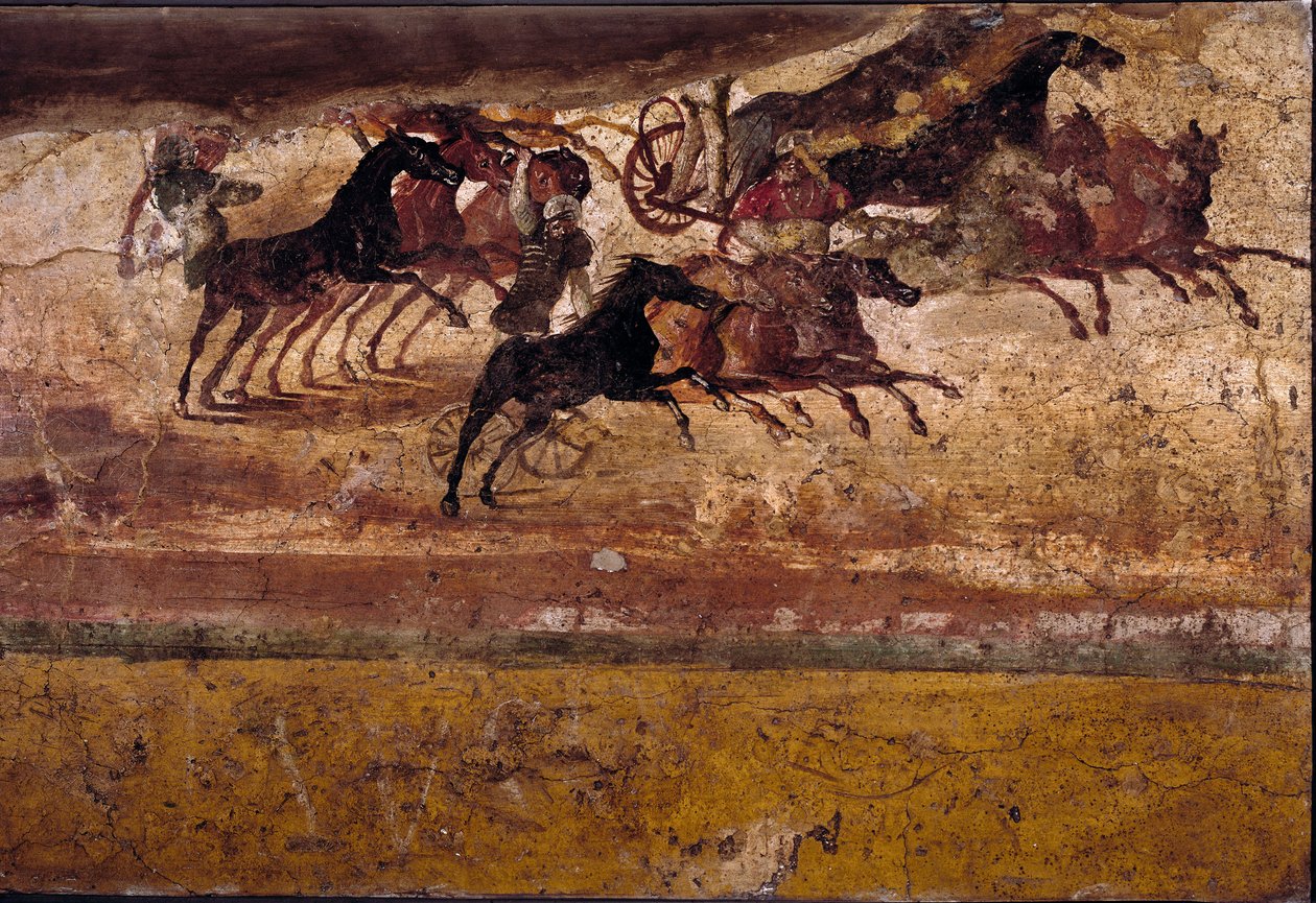 Art romain : course de quadriges. Fresque de la villa du quadrige. 4e style, Pompéi. Naples, Musée Archéologique National - Roman