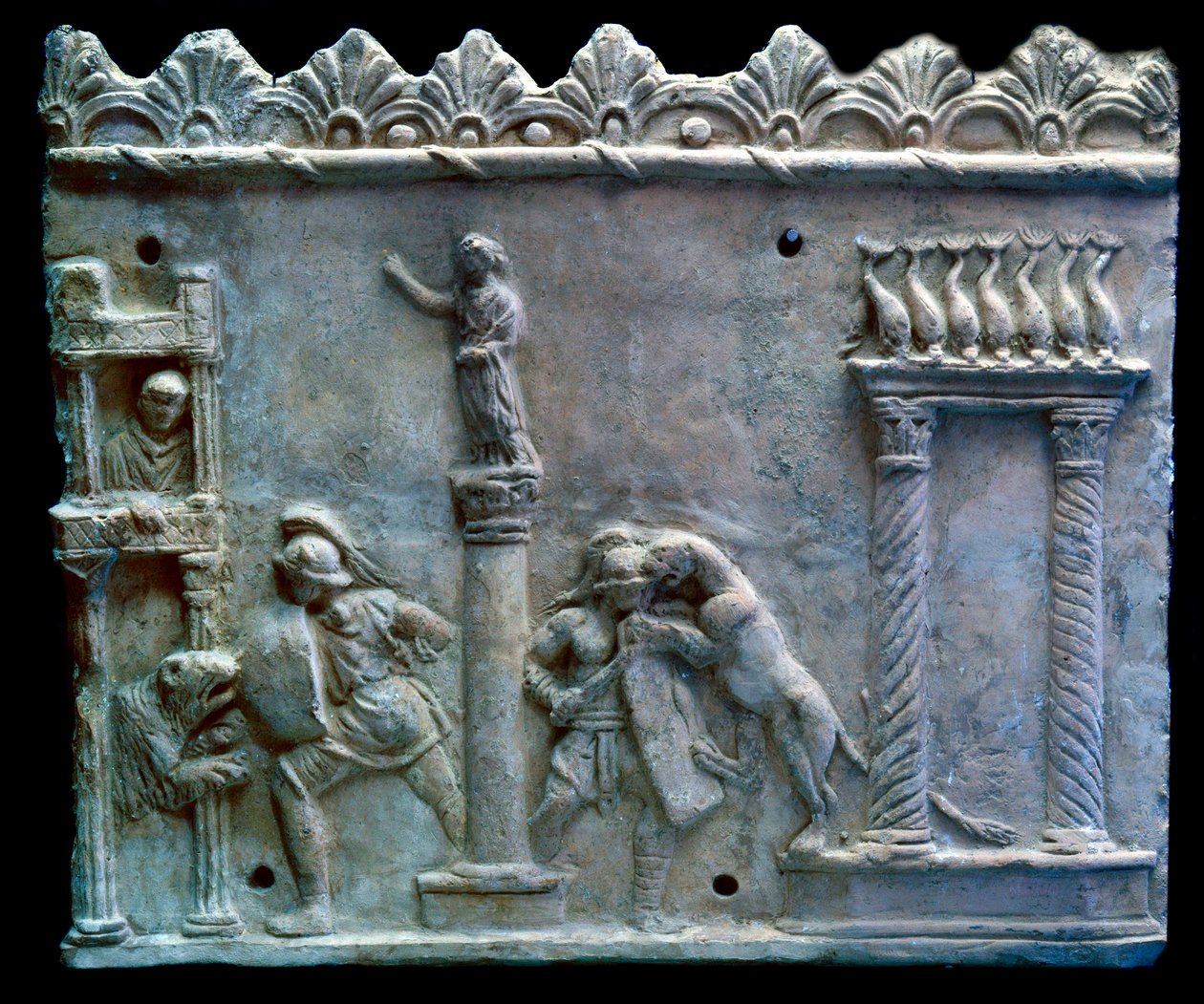 Art romain : scène de combat de gladiateurs contre des bêtes. Ier siècle av. J.-C. Genève, musée d